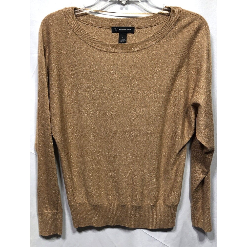 INC Knit Sweater S gold glitter metallic boat neck long Dolman sleeve Glam